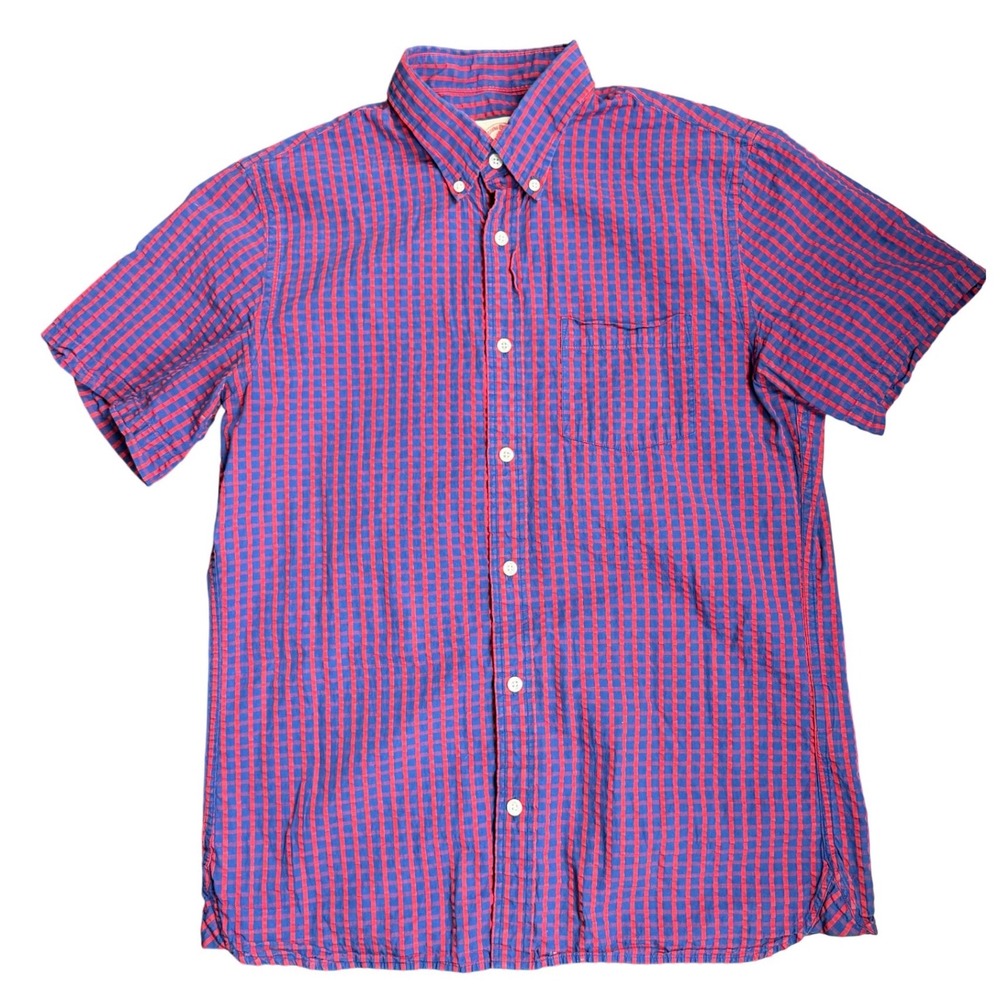 Brooks Brothers Red Fleece Men Short Sleeve Gingham Button Down Shirt Red Blue M